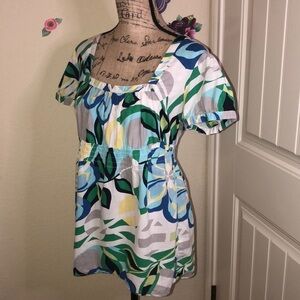 Cato Floral Print Peasant Style White, Blue & Green Top Size Large